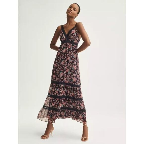 NWT Express Women's Size XS Floral Lace Pieced Tiered Maxi Dress Sleeveless V-Ne - Picture 1 of 11
